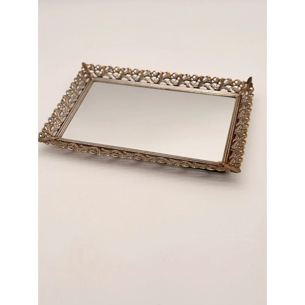 Vintage Hollywood Regency Gold Filigree Mirrored Vanity Tray Ornate Rectangular